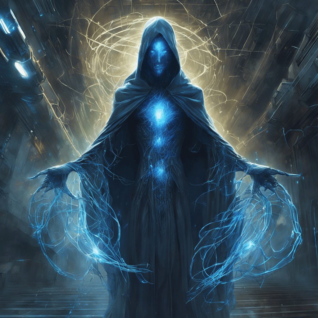 A sinister figure cloaked in holographic shrouds, the Netwraith's eyes emit a fierce blue glow. It's body, seemingly composed of swirling data streams and cybernetics, hovers ominously above the ground, equipped with tendrils of light that reach out as though they are seeking to corrupt any technology they touch.