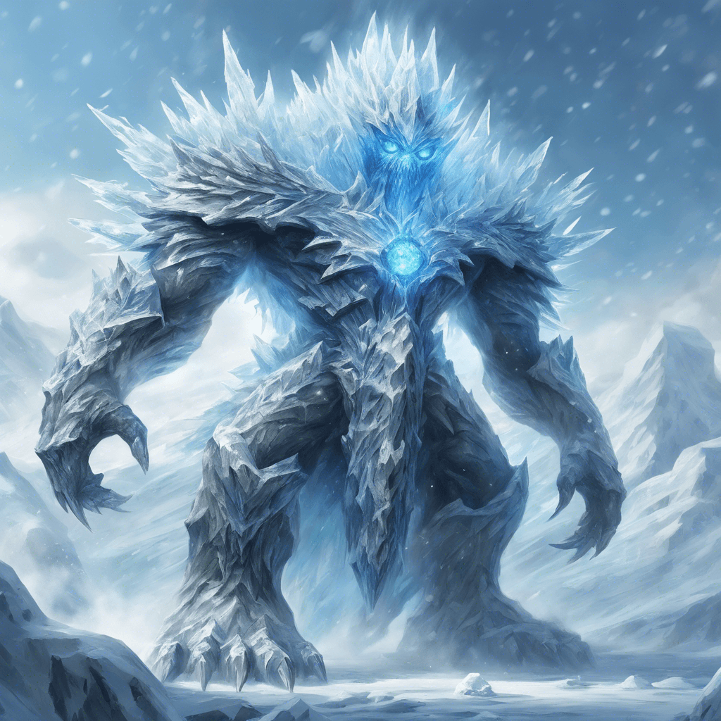 A towering elemental being composed of shimmering ice and snow, with piercing blue crystalline eyes and frost emanating from its core. It wields a massive glacial blade that radiates intense cold.