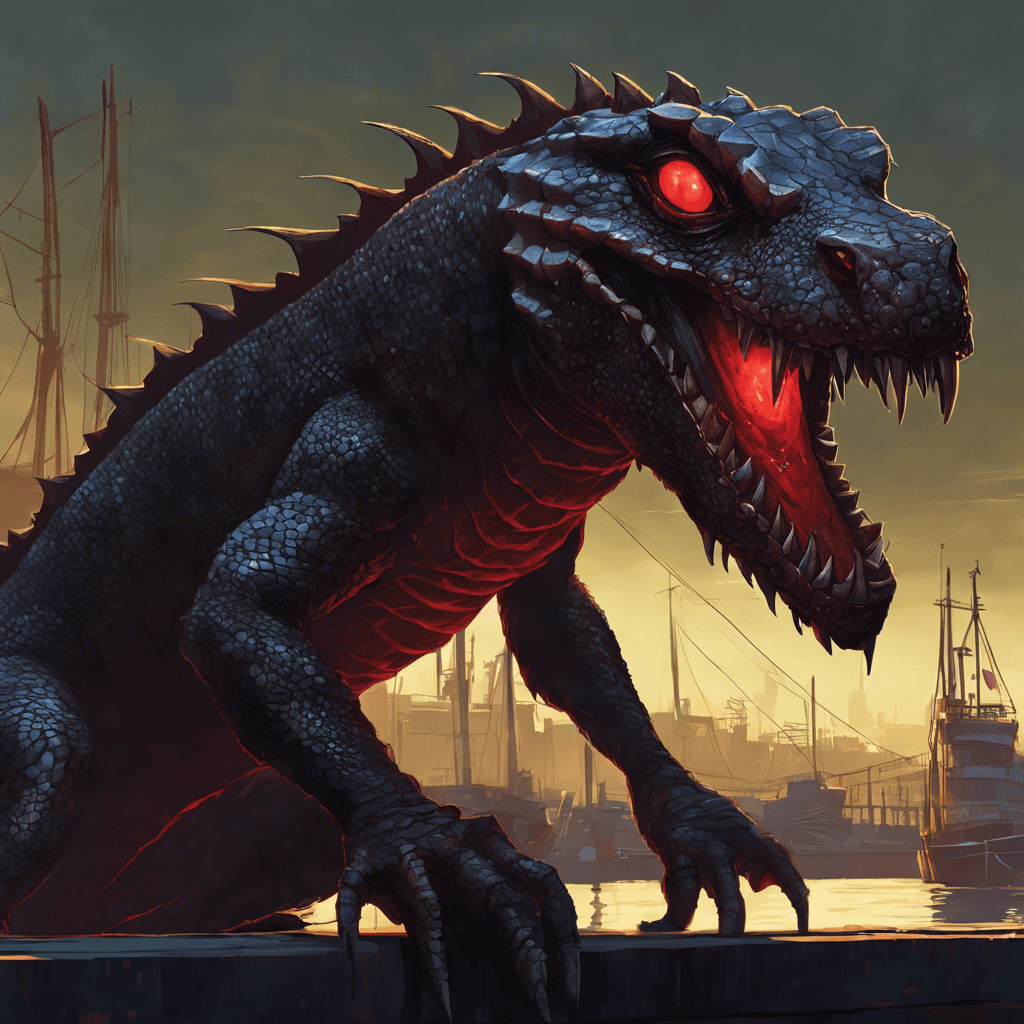 A tall, reptilian creature with shimmering scales, sharp claws, and piercing red eyes that glow ominously in the shadowy light of the docks.