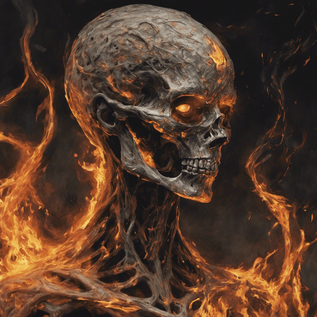 A charred, skeletal figure with glowing ember eyes and ashes swirling around its form.