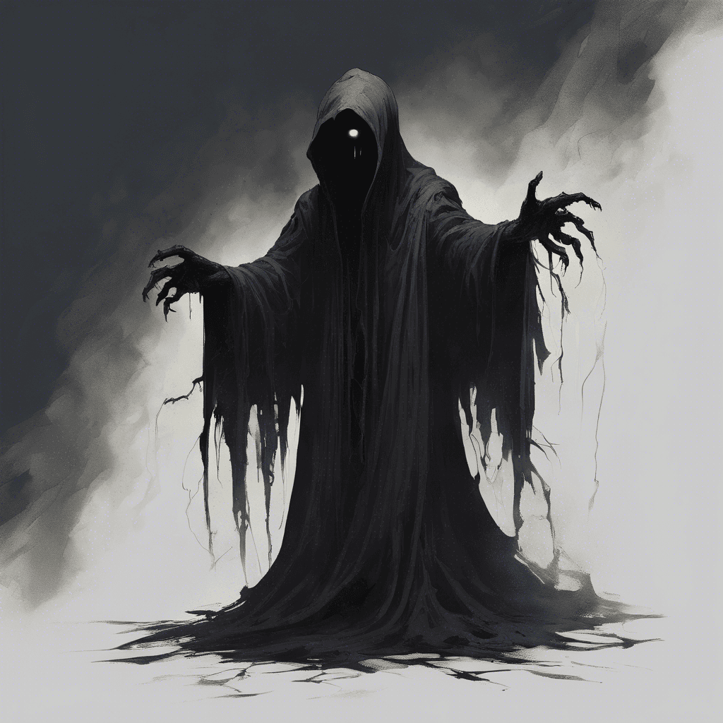 A ghastly figure robed in tattered black cloth, its eyes glowing with a malevolent light. Wisps of shadow float around its form, and the air grows cold in its presence.