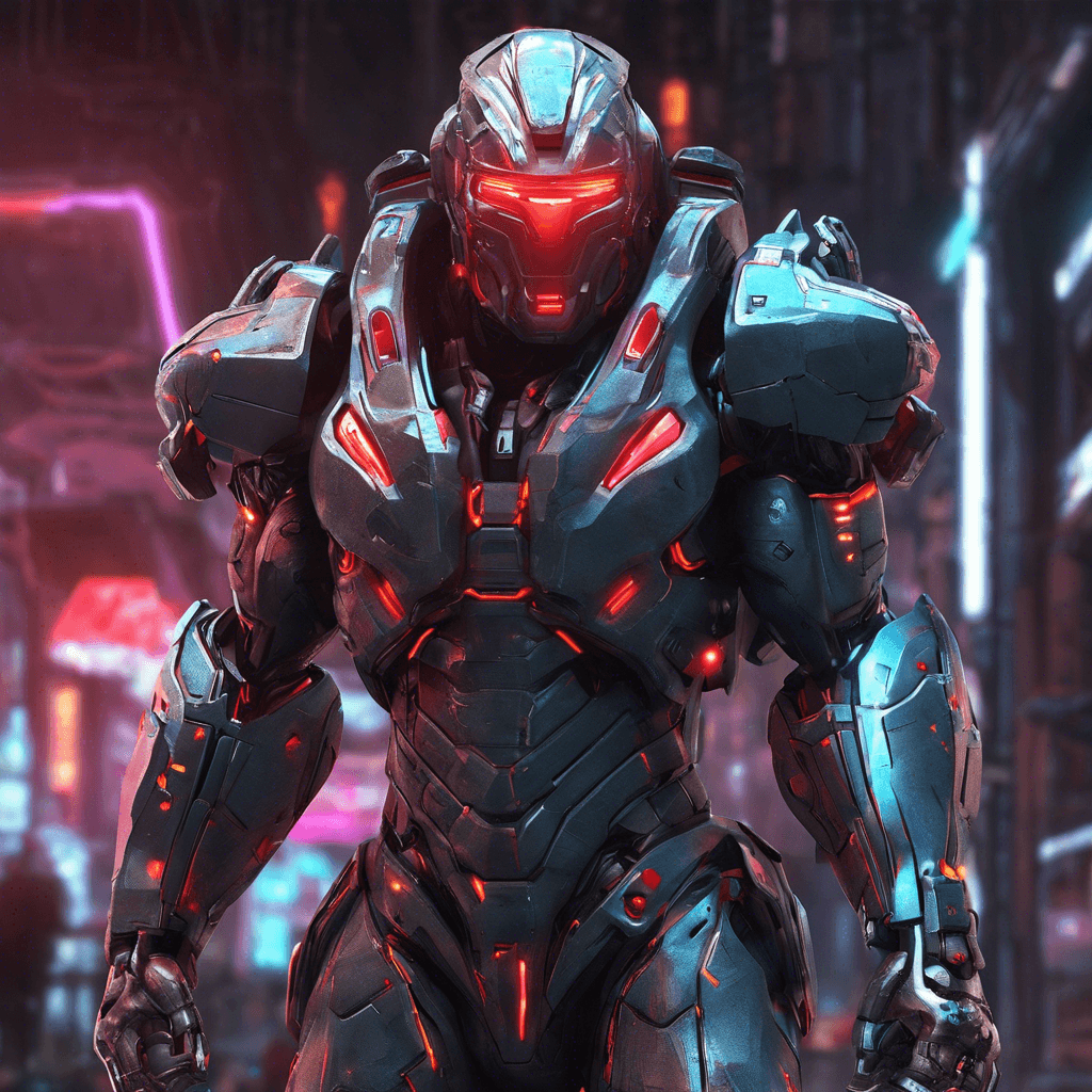 The Cybernetic Enforcer is a towering figure clad in advanced exoskeleton armor, adorned with glowing neon accents. Its helmet conceals its face, replaced by a red visor that scans its surroundings with precision. Embedded cybernetic enhancements pulsate with energy, ready to engage in combat.