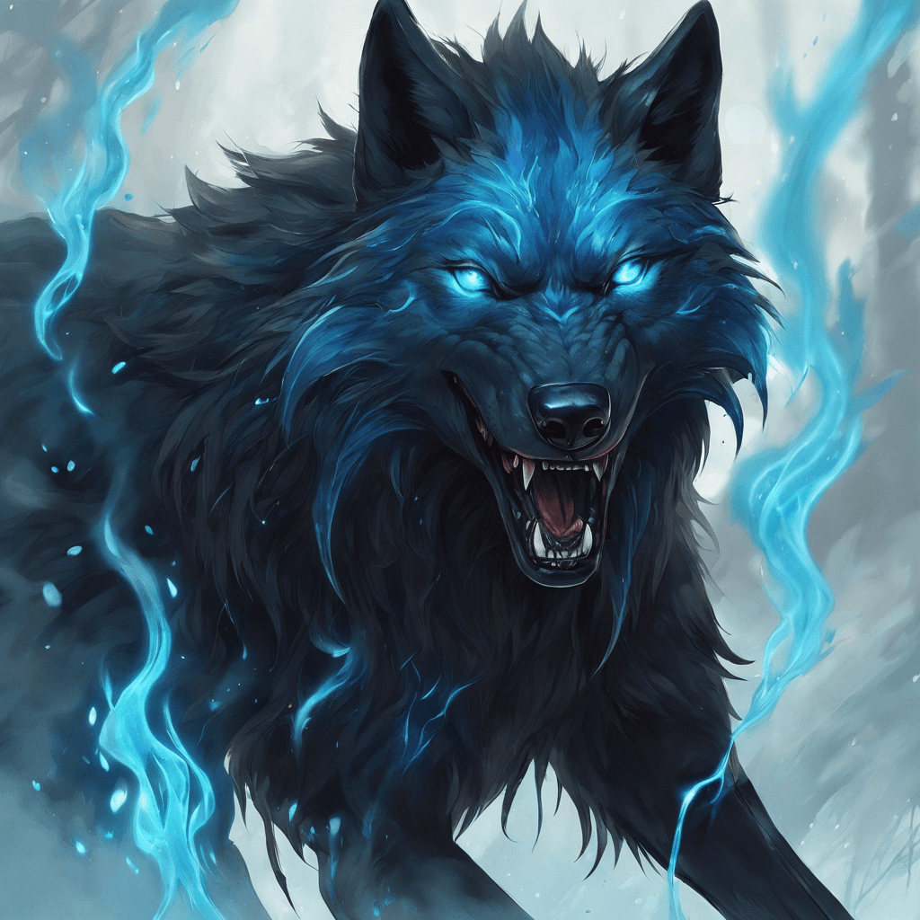 A large wolf with pitch black fur and eyes that burn with an ethereal blue flame. Its fangs seem to drip with a dark and viscous substance, and its claws leave faintly glowing trails in the air as it moves.