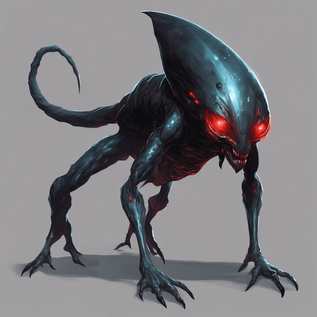 The Xenon Shadow Stalker is a stealthy alien creature with shimmering, translucent skin that can blend seamlessly into the shadows of the spaceship corridors. It has sharp claws and glowing red eyes that pierce through the darkness, ready to ambush its prey at any moment.