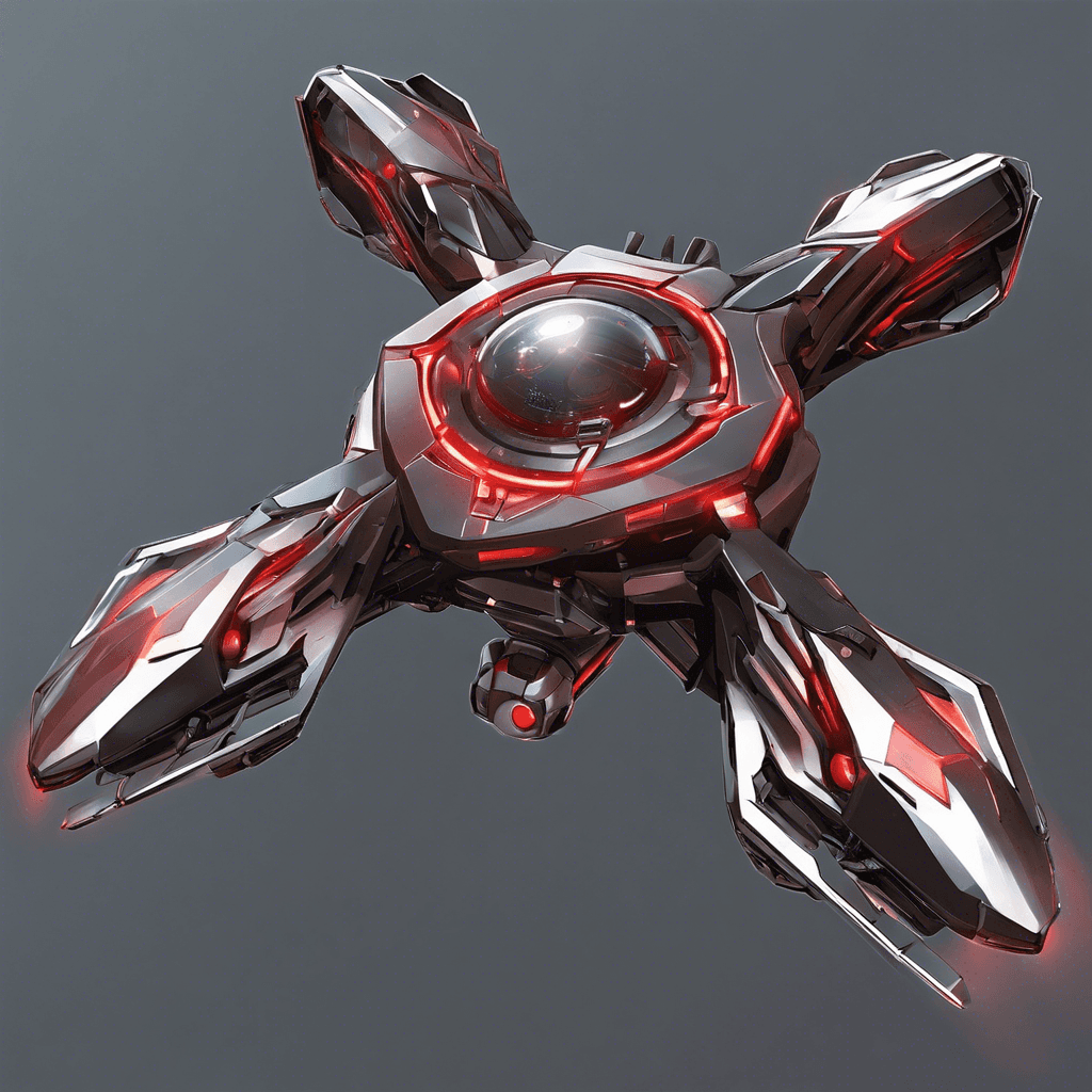 A metallic drone with a sleek and angular design, featuring rotating energy cannons and a central red scanning eye.