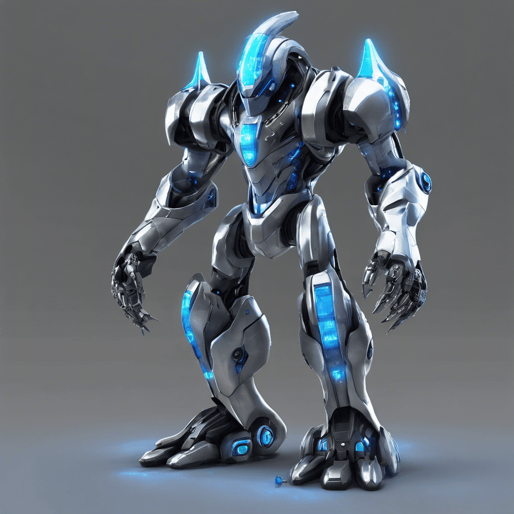 The Xenon Guardian is a formidable robotic enemy, towering over you with sleek silver armor and glowing blue energy coursing through its circuits. Its eyes shine with a cold, calculating intelligence, and its metallic limbs move with precision and speed. The Guardian emits a low hum as it assesses you as a threat to its mission.