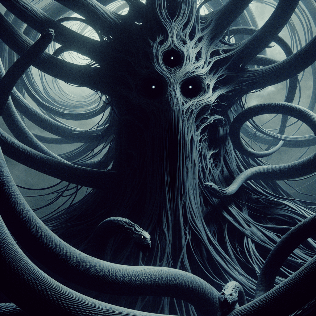 A towering figure, shrouded in tendrils of darkness that writhe like serpents; its eyes are voids, consuming the light around it.