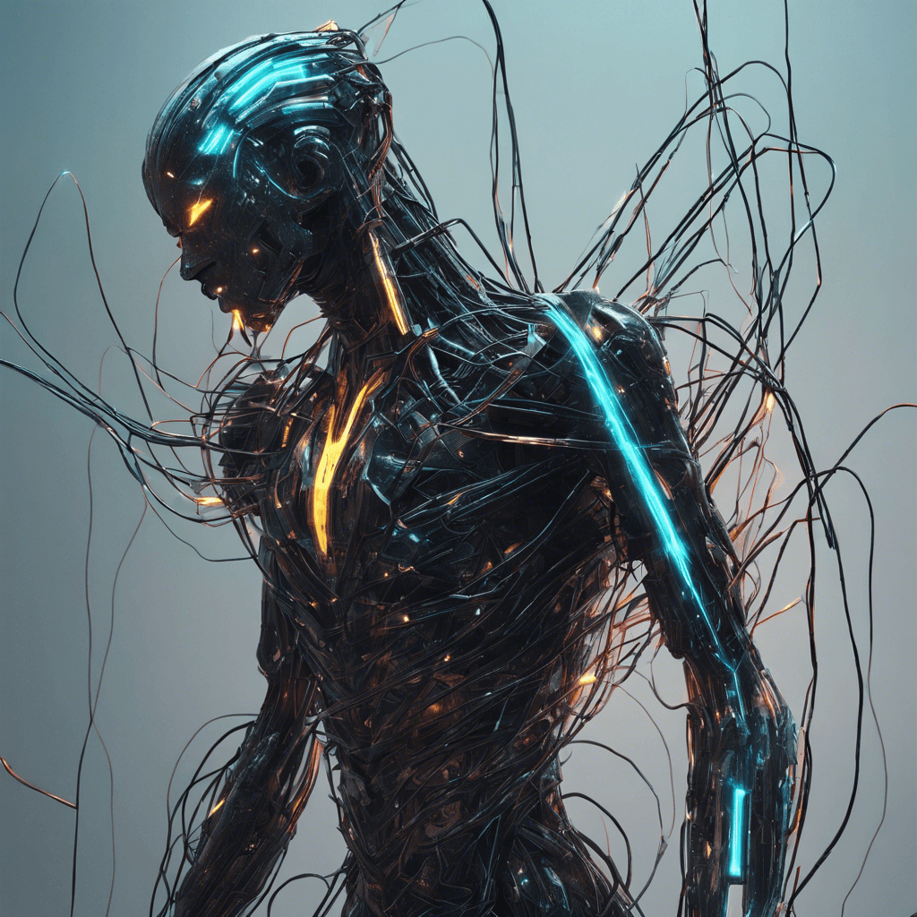 This manipulative enemy is an amalgamation of shimmering neon wires and sharp metal shards. Its humanoid form is obscured with sleek cybernetic armor, pulsing with eerie light. Protruding from its back are several tendrils of fiber-optic cables that crackle with errant data streams, illuminating its presence.