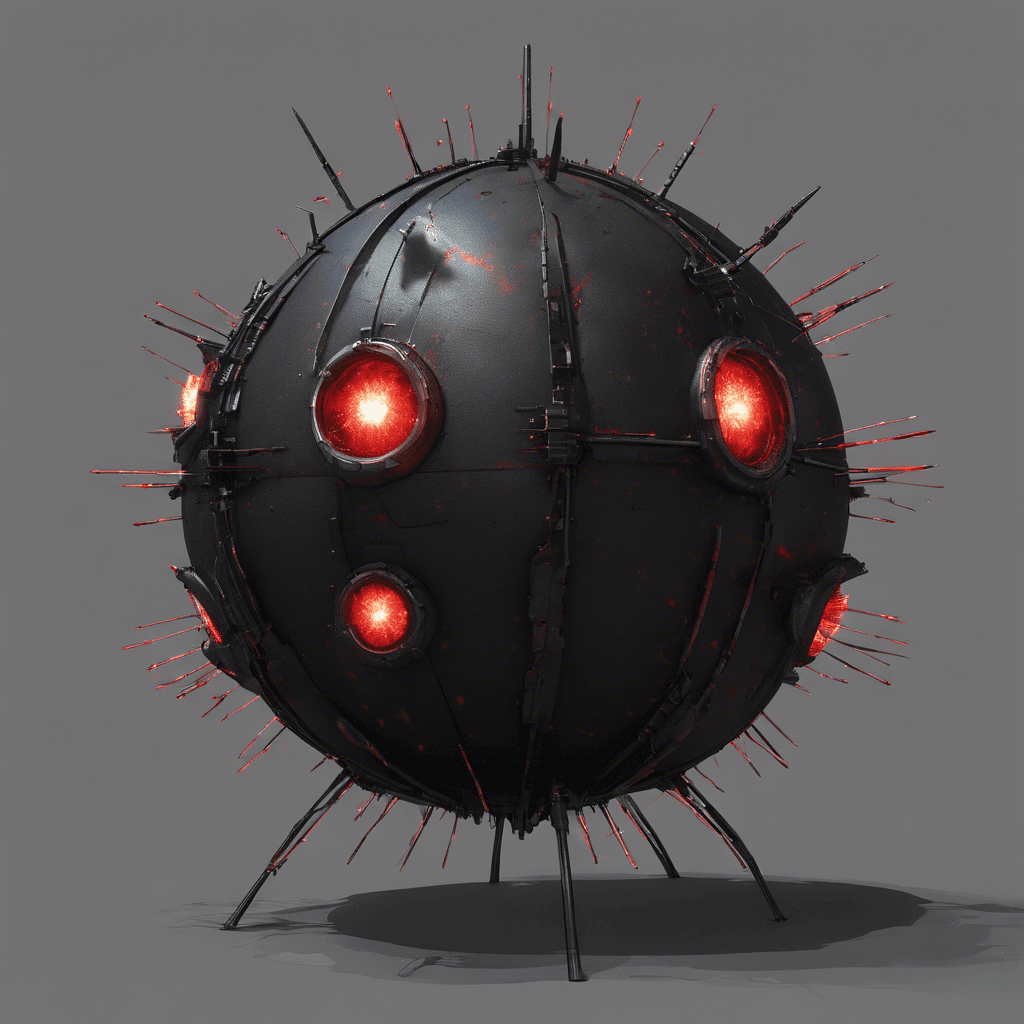 A hovering orb of blackened steel bristling with antennae, emitting a faint humming sound that belies its lethal potential. Its surface is studded with lenses and a single red scanning light sweeps the surrounding area, searching for targets.