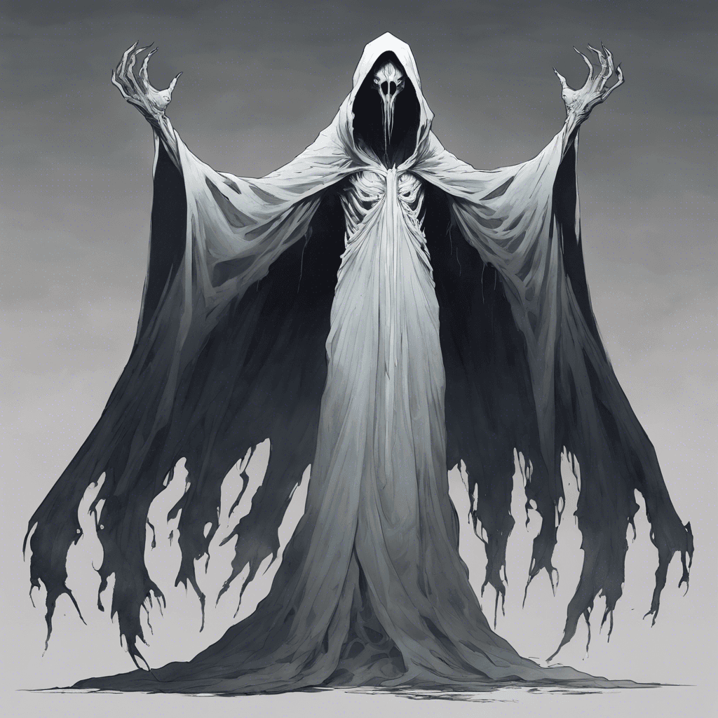 A towering wraith, shrouded in ethereal robes that emanate a soft, deathly glow. Its eyes are hollow pits of despair, and its hands extend into long, incorporeal claws that seethe with otherworldly energy.