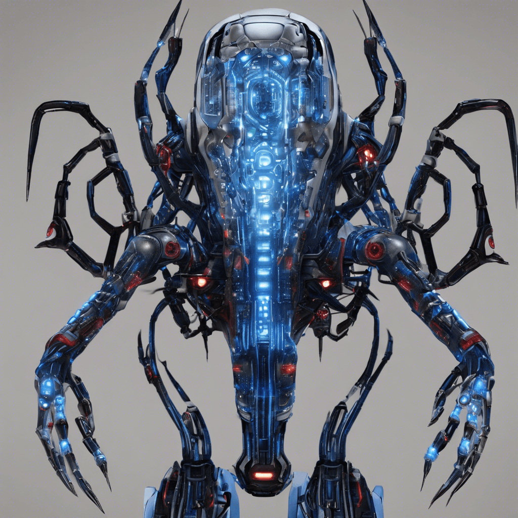 The Neuro-Scrambler is a cybernetic enemy that resembles a humanoid figure with glowing blue circuit patterns covering its body. Its eyes emit a flickering red light, and its limbs are adorned with sharp metallic claws. This enemy is designed to disrupt neural signals and cause confusion in its targets.