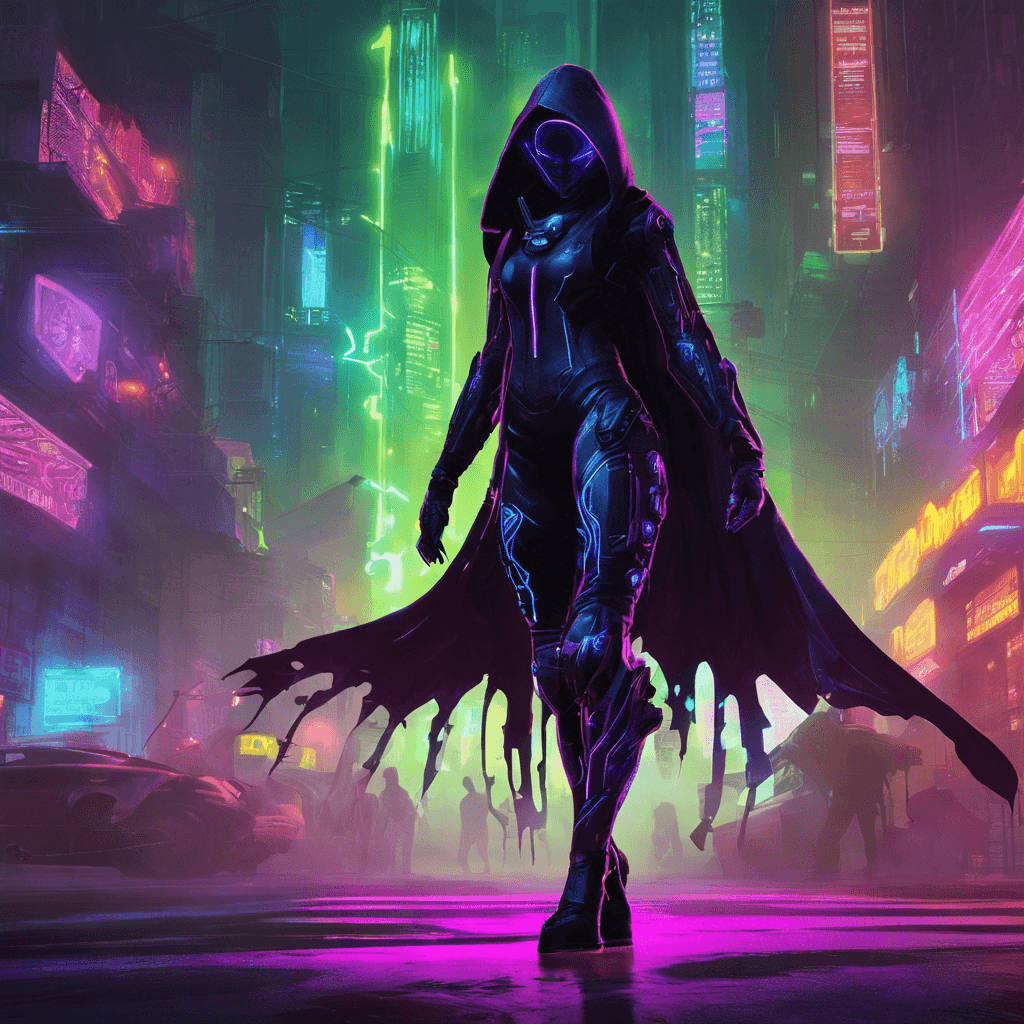 The Neon Shadow Assassin is a sleek, cybernetically enhanced figure cloaked in darkness. Its body is adorned with neon lights that pulse and flicker, enhancing its stealth capabilities in the neon-lit dystopia. Its eyes glow with a menacing light, scanning the area for its next target.