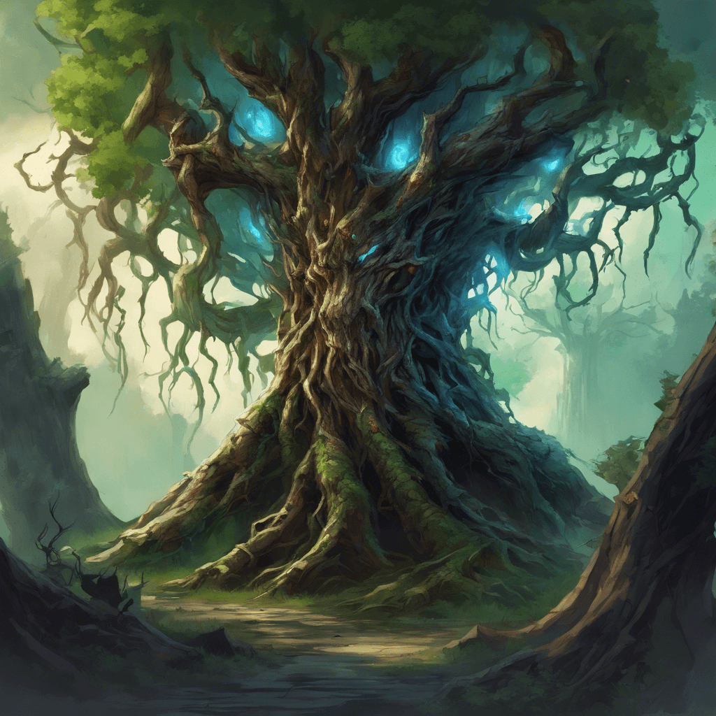 A towering treant with its bark darkened, oozing a thick, blue corruption. Its once bright green eyes now shimmer malevolent red, and twisted vines adorned with thorns serve as its arms.