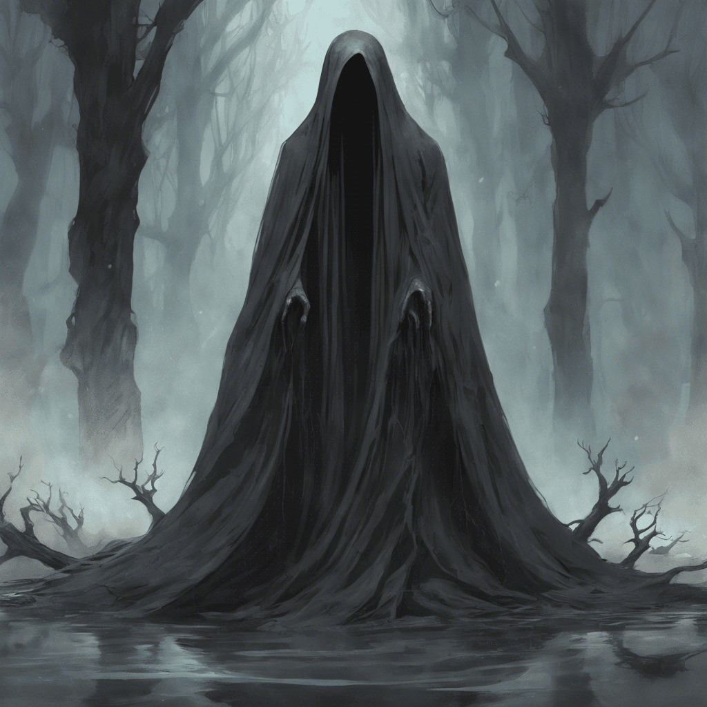 A translucent figure shrouded in ragged cloaks, floating inches above the ground with elongated fingers that stretch out towards anything alive. Its eyes are hollow black pits, and a low, haunting moan escapes from its barely visible mouth.