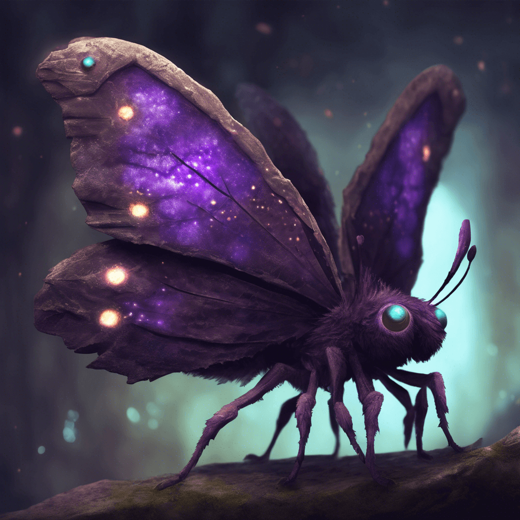 A giant moth with tattered, dark purple wings sprinkled with eerie luminescent spots. Its eyes glow with an unnerving light, and its furry body bristles with charged magical energy.