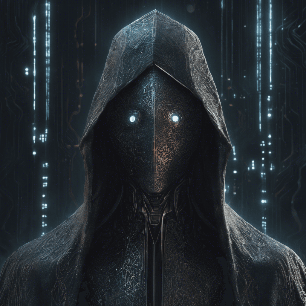 A humanoid figure, shrouded in a dark cloak stitched with faintly glowing circuit patterns. Its face is obscured by a metal mask with luminescent eyes, and cybernetic limbs polished to a gunmetal sheen. It moves with an eerie silence, a digital wraith in the flickering light.