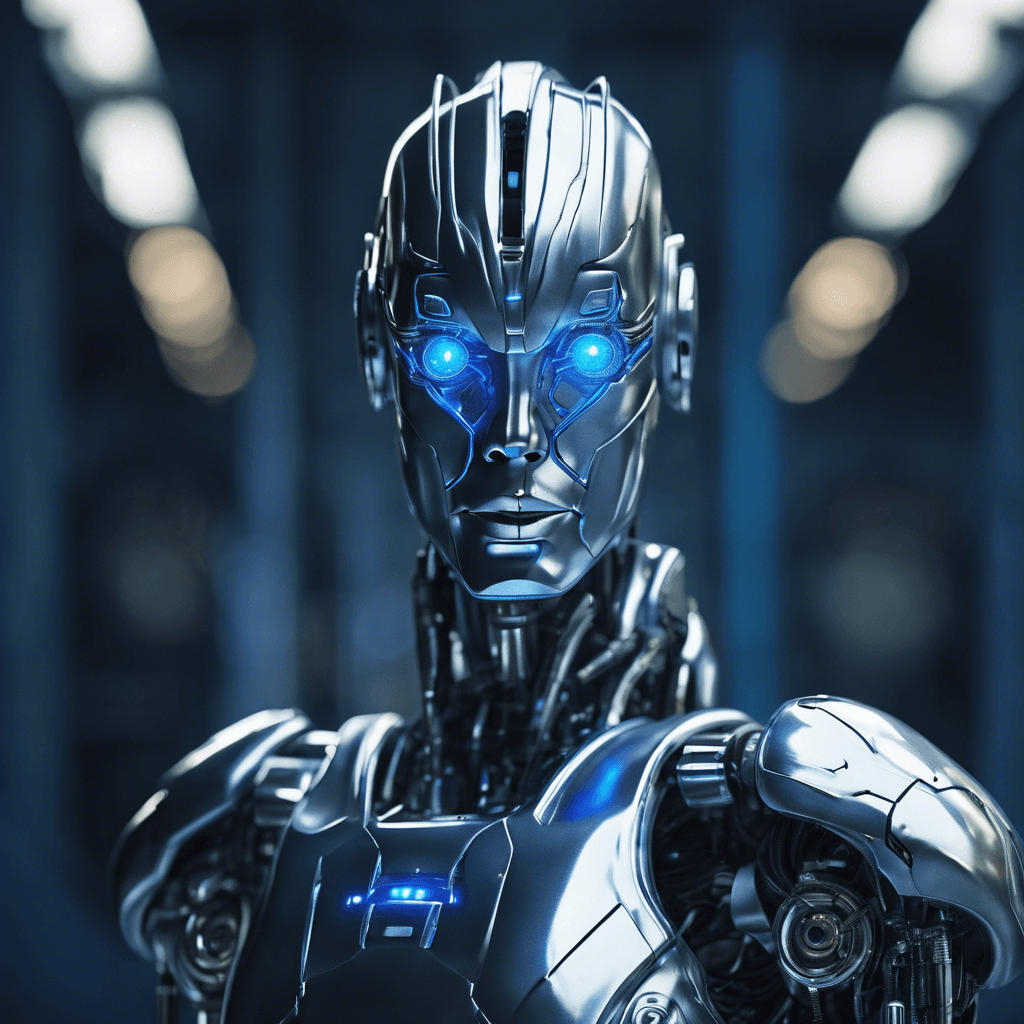 The Chrono Sentinel is a humanoid robot covered in sleek silver plating, with glowing blue energy coursing through its circuits. It stands tall and imposing, its eyes flickering with advanced technology beyond your comprehension.