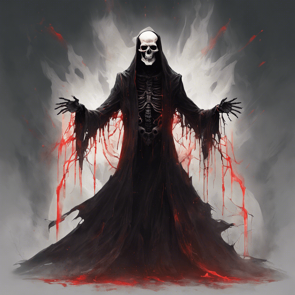 A towering figure shrouded in tattered black robes that flutter ominously. Its face is hidden beneath a ghostly, skull-like mask, from which two points of malevolent red light glare out. Skeletal hands extend from the sleeves, crackling with dark energy.