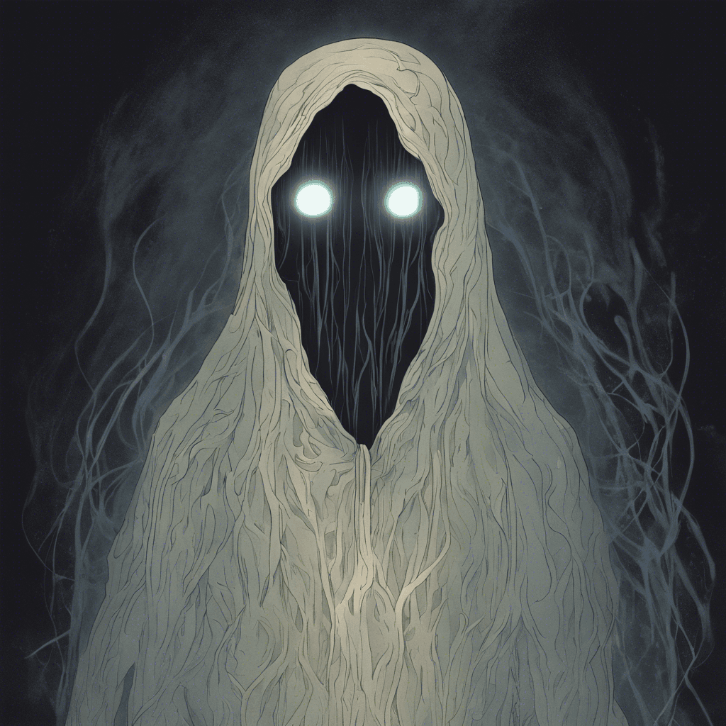 A wispy spectral figure shrouded in darkness, with hollow eyes that glow with a faint, eerie light.