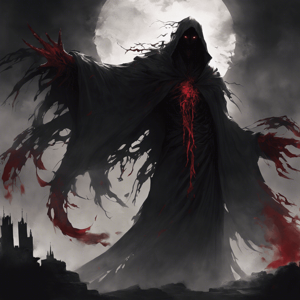 A towering figure shrouded in darkness, with eyes glowing a fierce crimson. Its silhouette appears almost ghostly, with tattered shreds of what once might have been robes fluttering in an unseen wind. Its long, clawed hands emanate a chilly aura, and a soft, sinister whisper seems to accompany every move it makes.