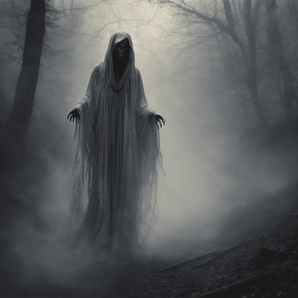 The Specter of Despair is a ghostly figure shrouded in tattered, ethereal robes that seem to float and twist in an unseen wind. Its eyes glow with an eerie, otherworldly light that pierces through the darkness of the haunted lands. Wisps of cold mist trail behind its movements, leaving a chilling presence in its wake.