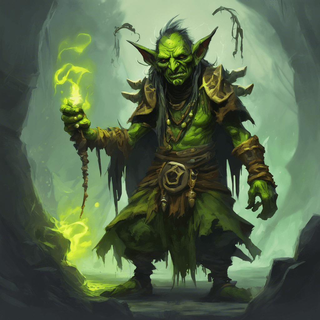 A sinister goblin shaman, Ghror has murky green skin, draped in dark tattered robes that flutter with the echoes of his malice. His eyes are a glowing yellow, filled with wicked intelligence. Beady and bright, they fixate on the players as he chants ancient curses.