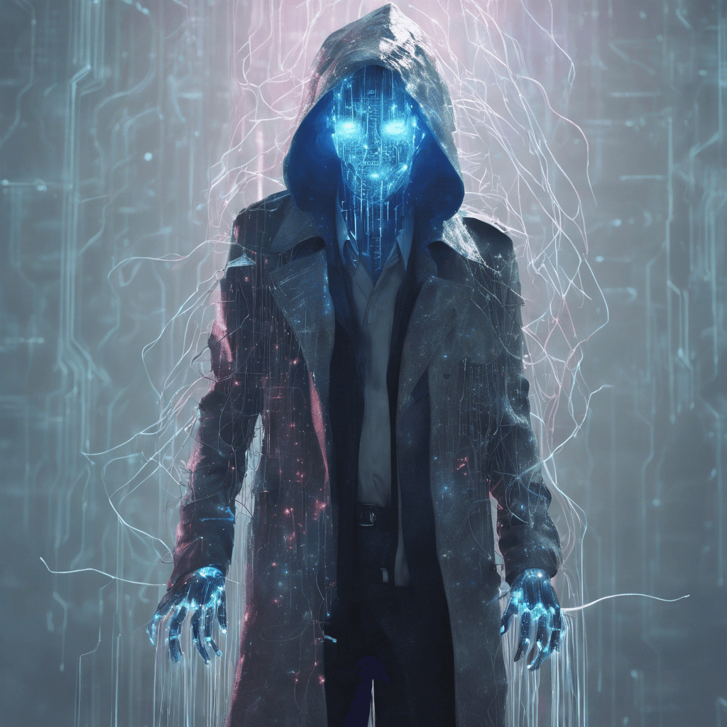 A spectral figure made of flickering holograms and digital static, wearing a tattered trench coat over its ephemeral form. It has glowing cybernetic eyes and ethereal, data-stream tendrils trailing from its hands.