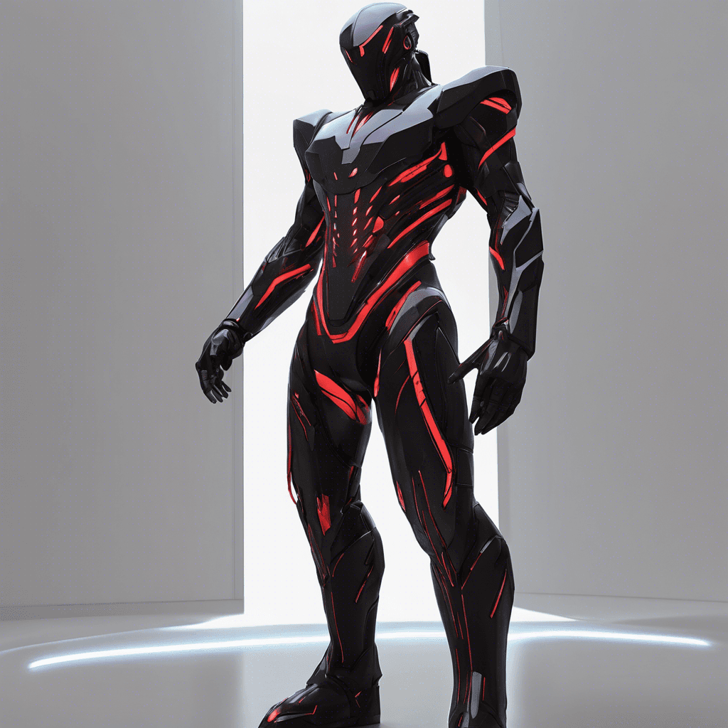 A towering figure, clad in a sleek black exosuit accentuated with gleaming, razor-sharp edges and glowing crimson lines. Their face is masked by a visor displaying scrolling lines of menacing code.