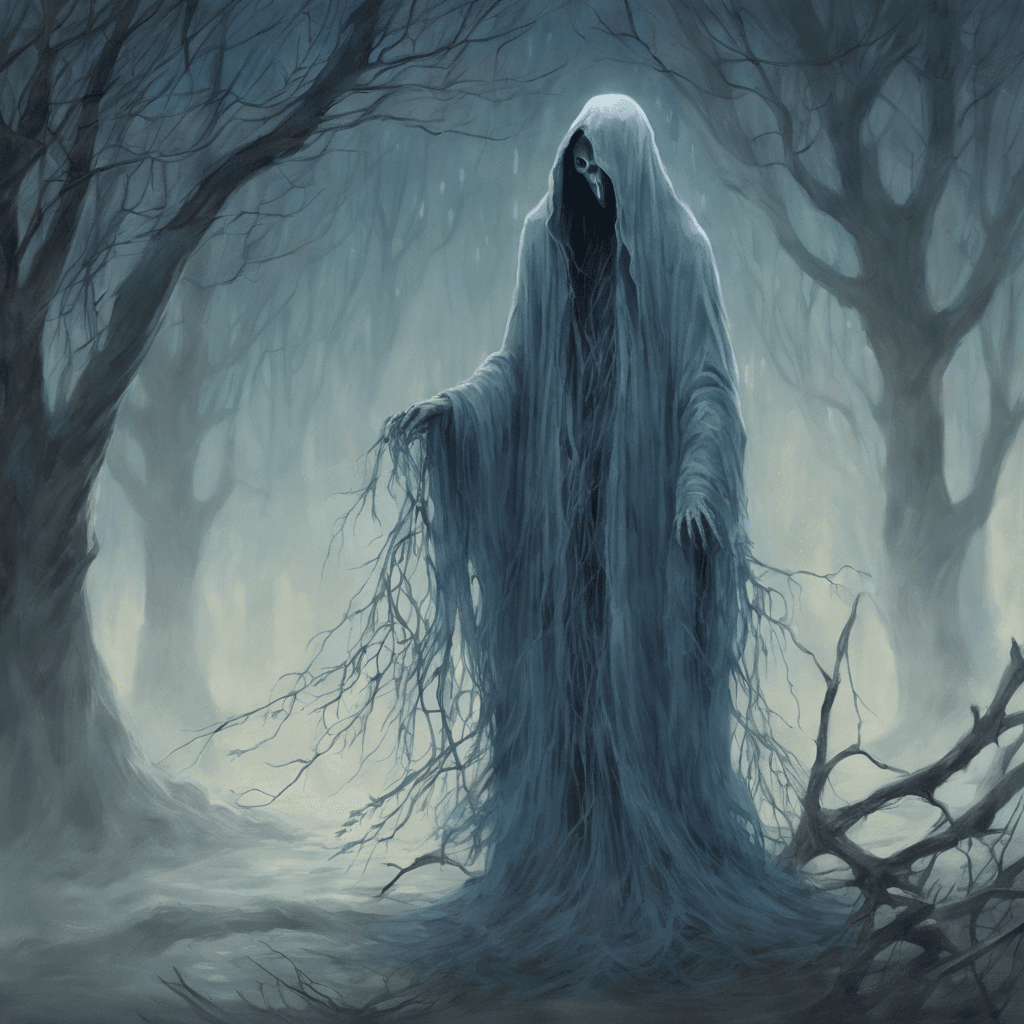 The Specter of the Willow is a ghostly figure shrouded in tattered robes, its pale, translucent form barely visible in the moonlight. Its eyes glow with a haunting blue light, and a faint chill emanates from its presence, sending shivers down one's spine.