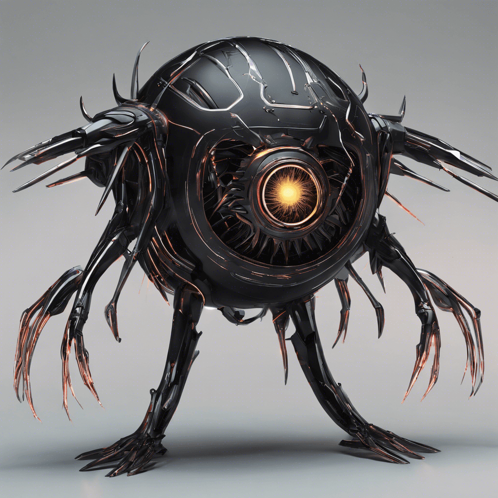 A svelte mechanical being covered in slick black plating, with pulsing neon lines tracing across its form. Its limbs end in razor-sharp appendages, and its singular, cyclopean eye glows ominously in the dim light.