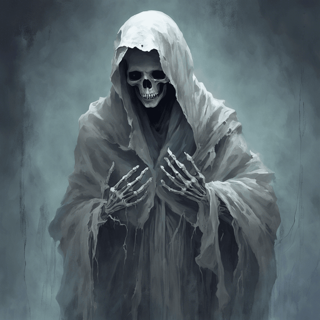 A ghostly figure swathed in tattered robes, its eyes are empty sockets emitting a faint bluish glow. Skeletal hands extend from the sleeves, clutched in a perpetual grasp, as if trying to seize something it can never quite reach.