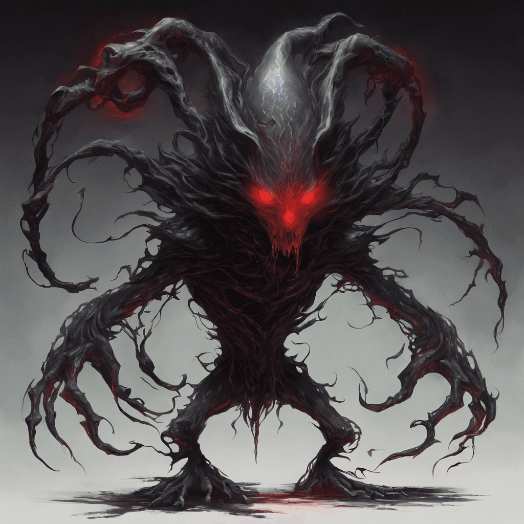 A wraith-like creature composed of swirling shadows, its form both amorphous and shifting. Two piercing red eyes glow from the darkness that seems to consume the light around it.