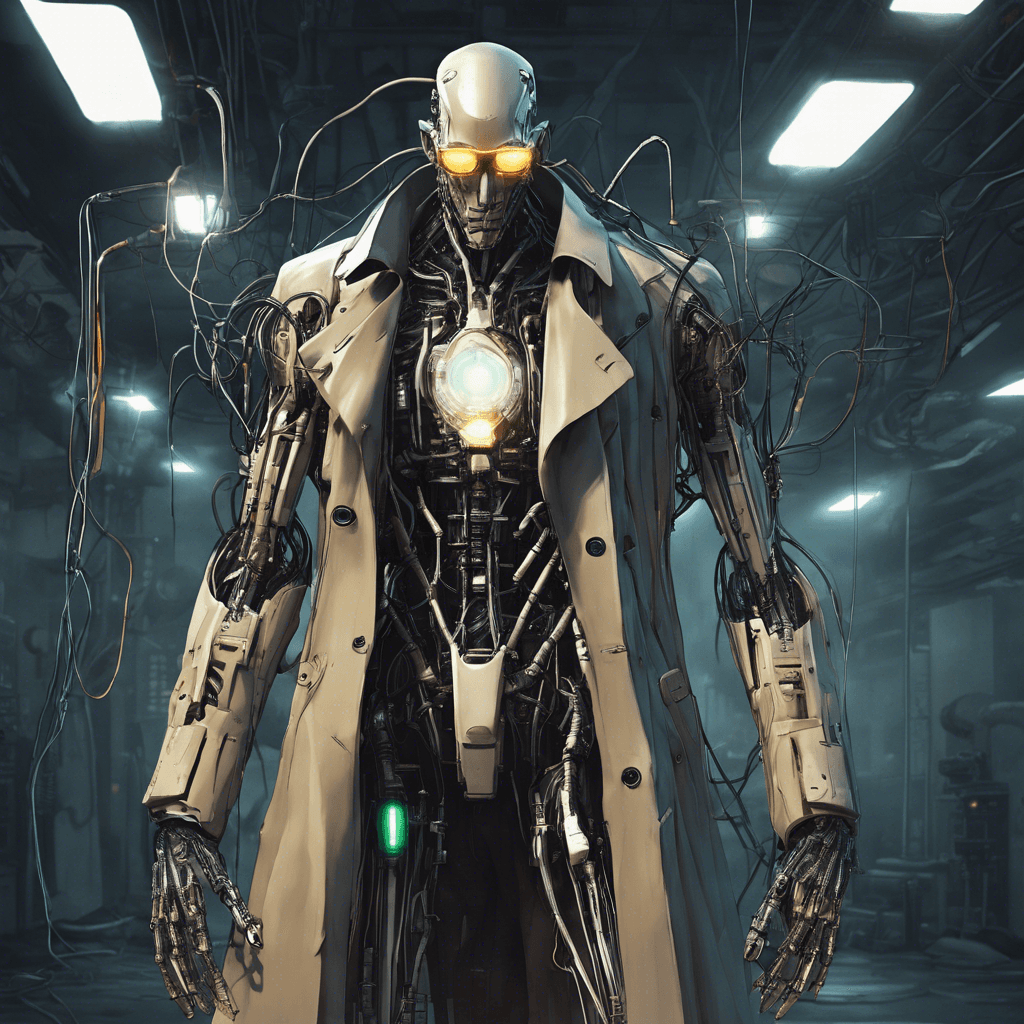 A towering figure clad in trench coat and mirrorshades, with visible cybernetic enhancements. Robotic arms and legs give him a menacing presence, and wires and circuits intertwine with his flesh, highlighting his fusion of man and machine. His eyes, glowing with a cold, artificial light, scan the surroundings with unnerving precision.