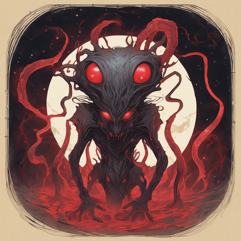 A grotesque, amorphous creature with a body that resembles a shifting shadow, a multitude of glowing red eyes, and tendrils of dark energy that grasp at the space around it, eager to drain the life from anything it touches.