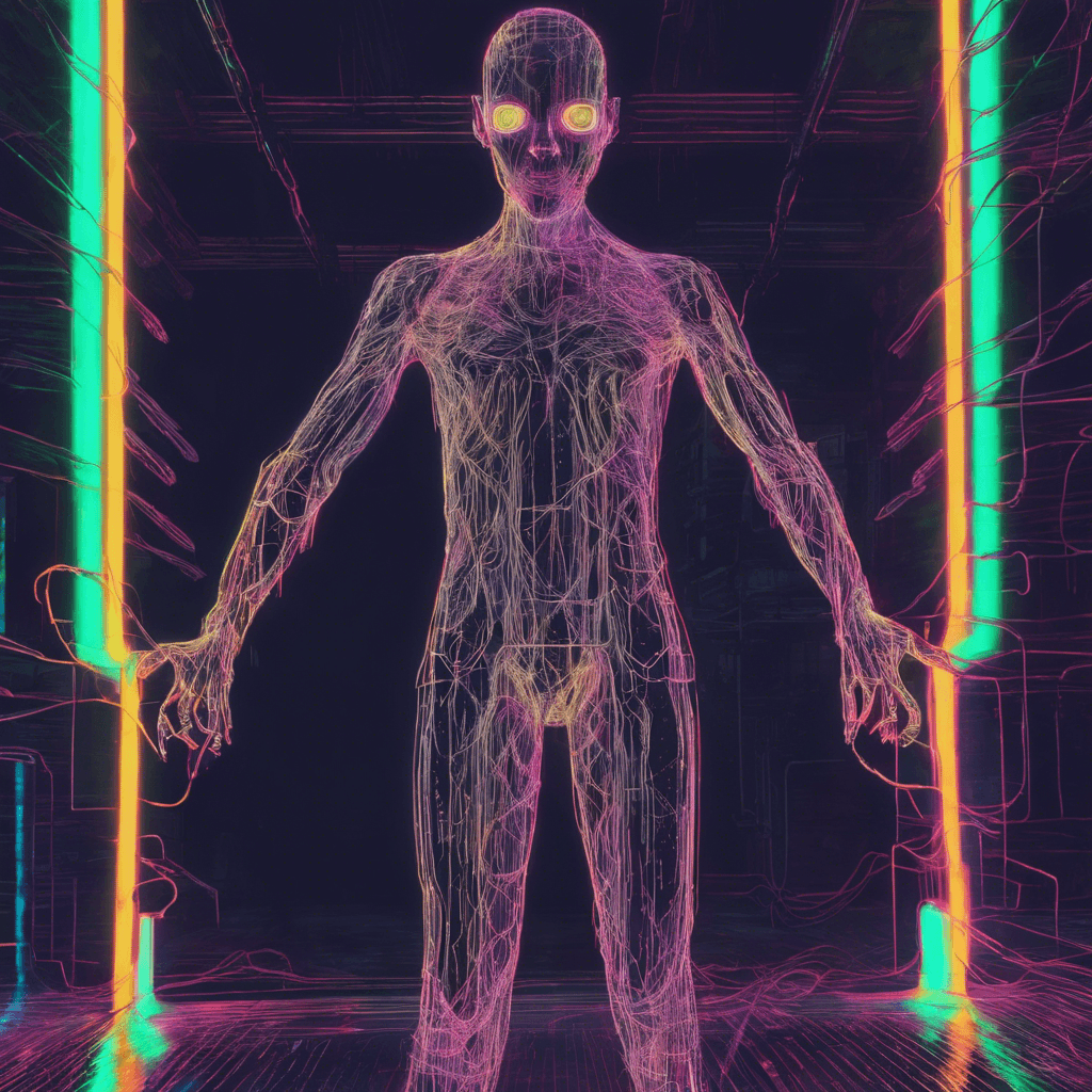 A glitching spectral entity with flickering neon outlines and cables for limbs, eyes aglow with digital static, it shifts unpredictably like a corrupt hologram