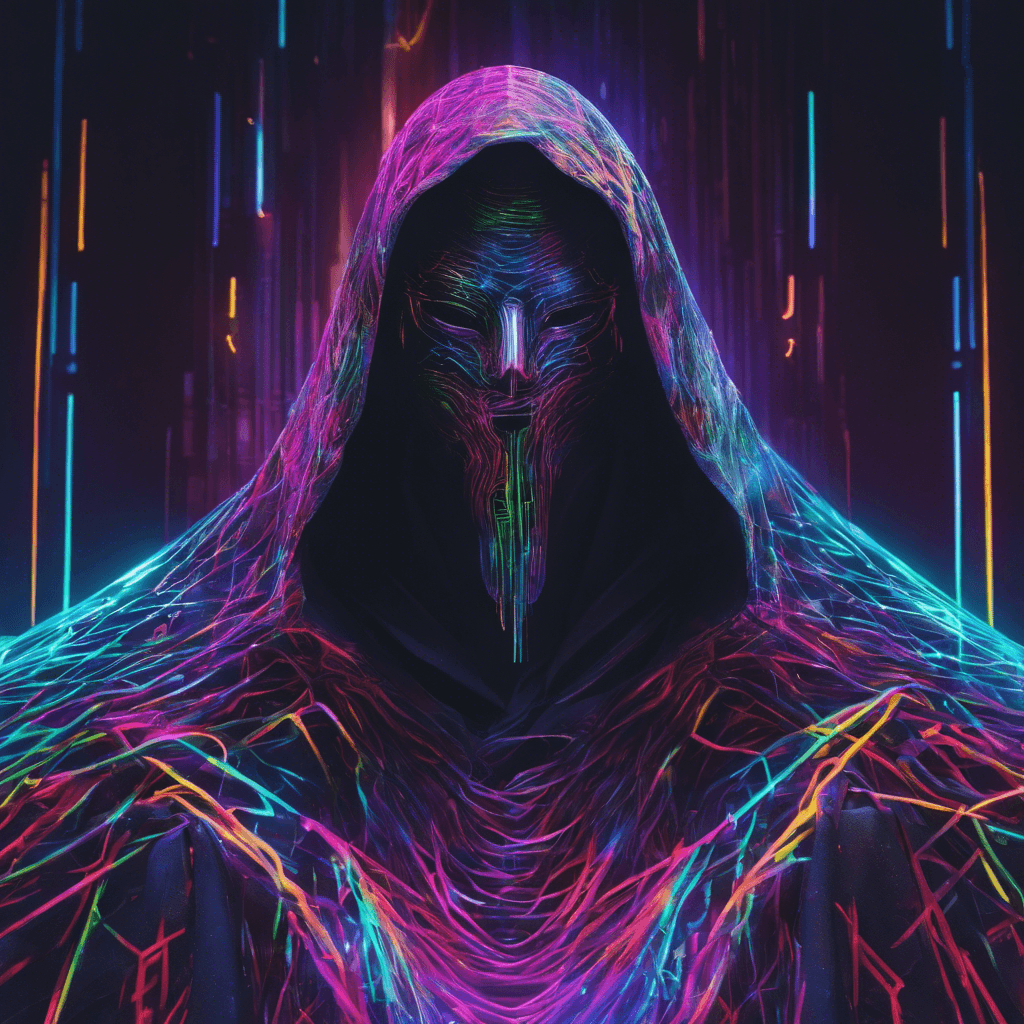 A towering figure shrouded in a cloak of shifting neon colors, its face obscured by a mask that flickers with digital static. Chrome tendrils whip out from beneath its cloak, crackling with electromagnetic energy.