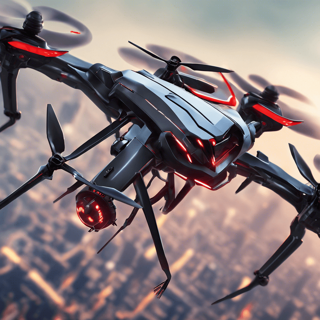 A sleek, metallic drone hovers in the air with sharp blades extending from its frame. Its red glowing eyes scan the area, ready to attack any intruders with precision.