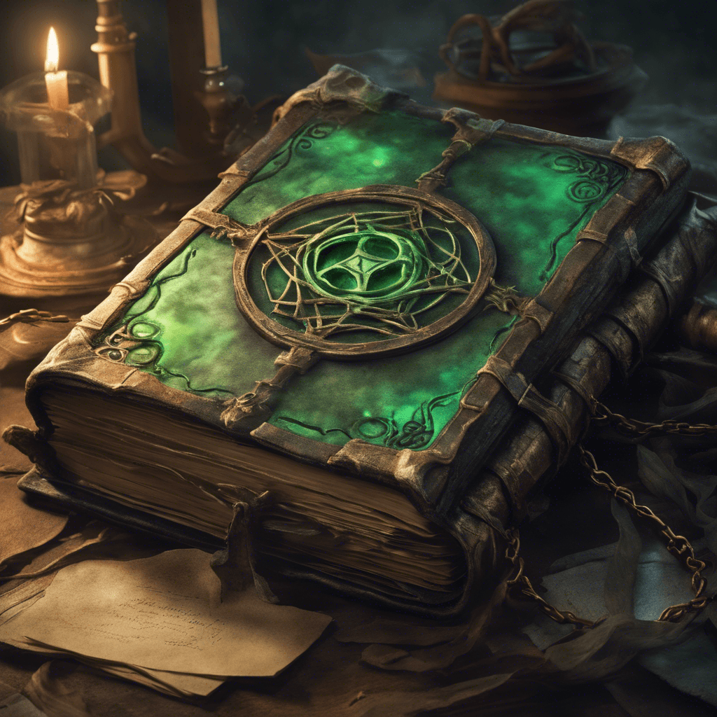 An ancient, floating spellbook with weathered leather covers and pages that flutter ceaselessly, surrounded by an eerie greenish glow and spectral chains that clank softly in an unfelt wind.