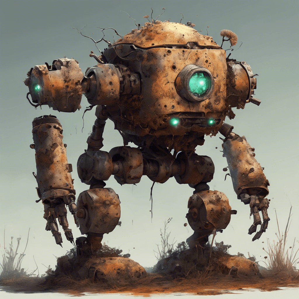 A corroded robot overtaken by aggressive fungal growths, with patches of rusted metal visible under the thick mycelium. It has glowing fungal eyes and spore launchers on its shoulders.