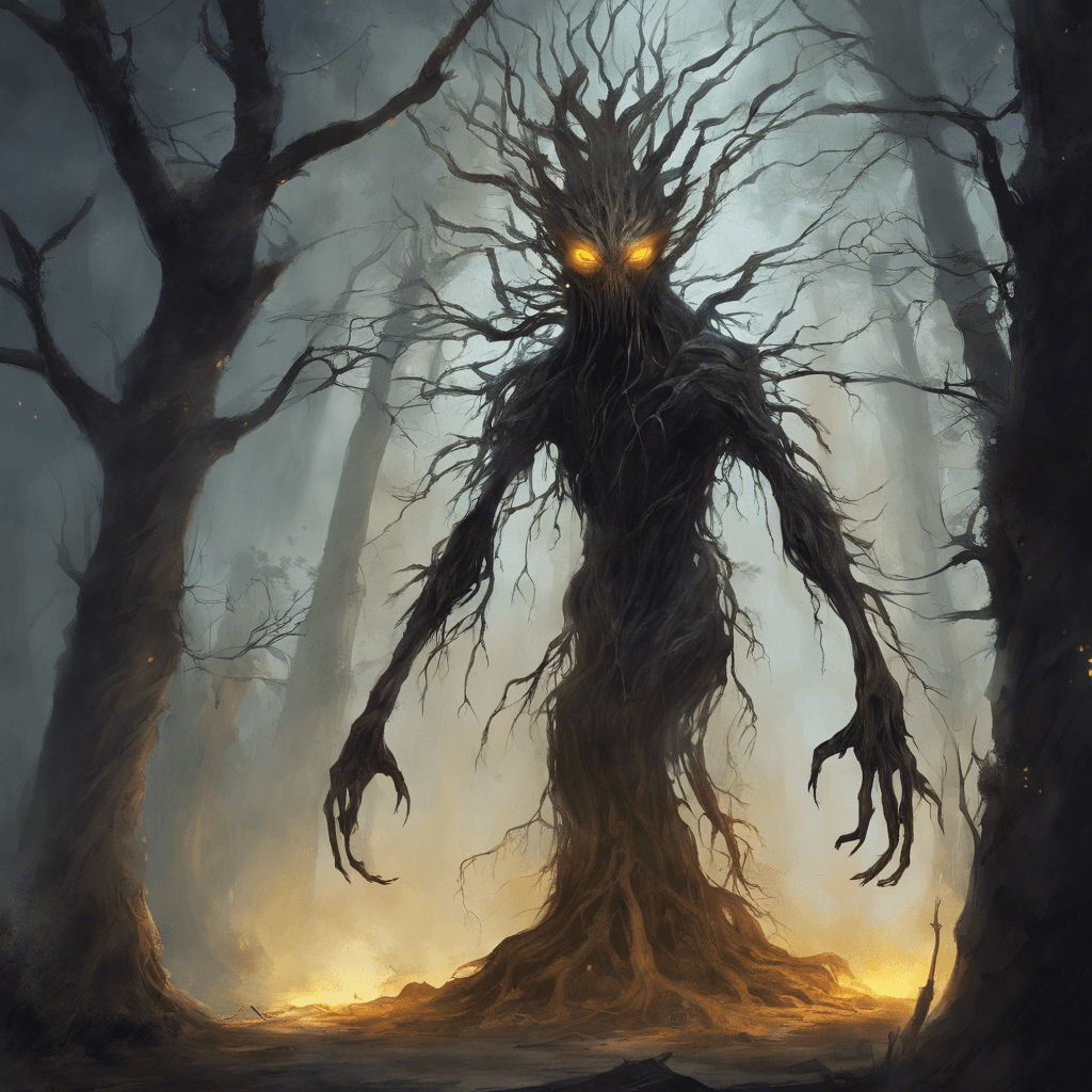 A towering tree-like creature, its bark as dark as midnight, with glowing amber eyes and long, twisted branches that end in razor-sharp leaves. A faint, ghostly aura seems to seep from its gnarled roots.