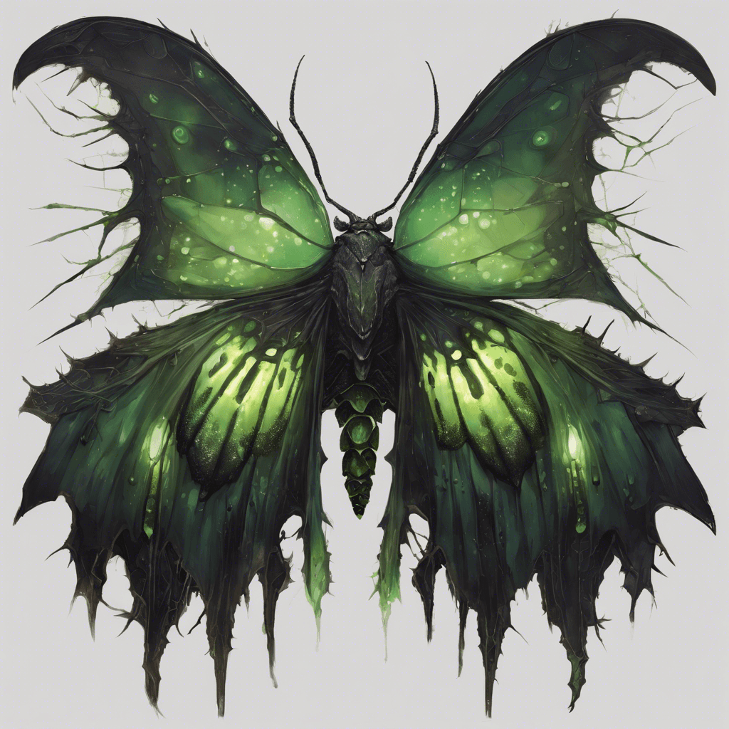 A colossal moth with tattered obsidian wings that absorb the light around it. Its eyes are glowing with a venomous green sheen, and its body is covered with jagged spikes that seem to be dripping an acidic substance.