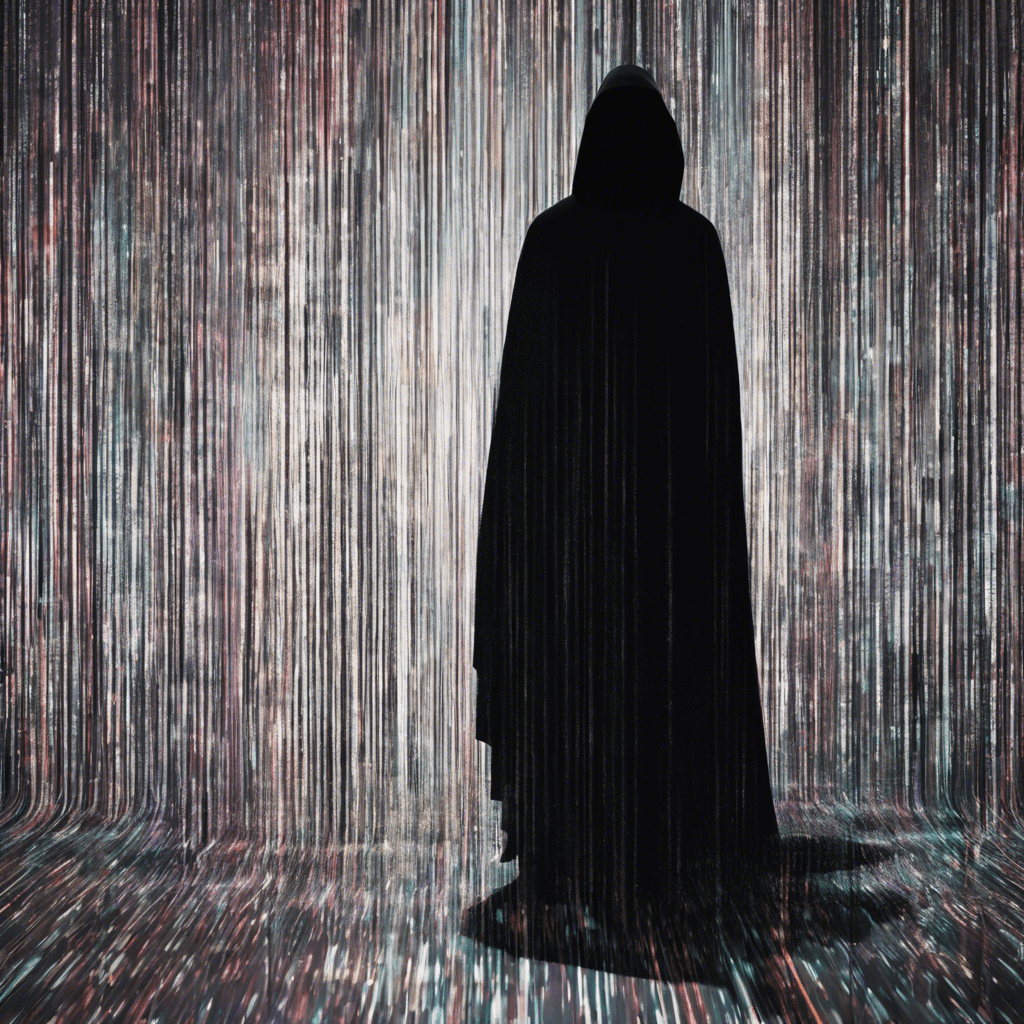 A shadowy figure enveloped in a swirling cloak of digital static, with eyes that crackle with raw data streams. Its form seems to glitch intermittently, betraying its partly virtual nature.