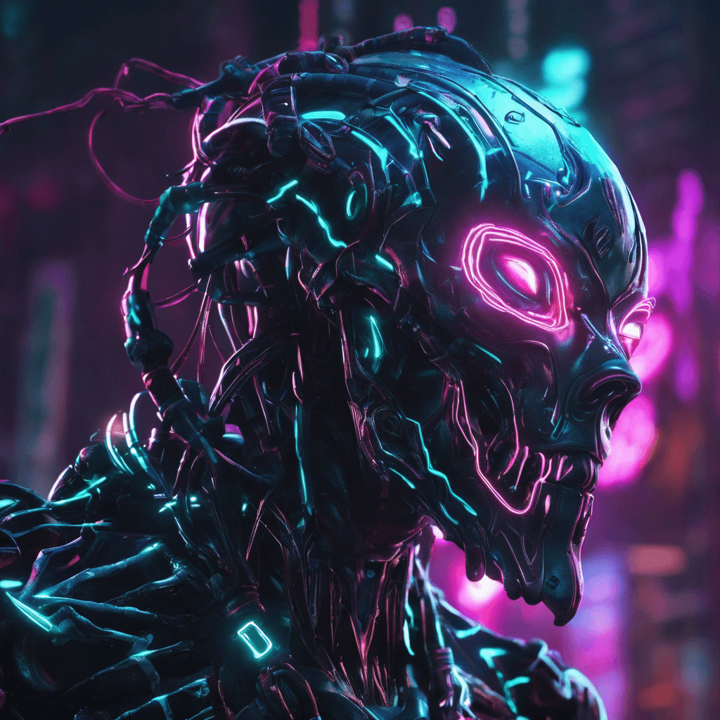 The Neon Revenant is a cybernetic being infused with neon lights, giving it a ghostly appearance. Its metallic body is covered in glowing symbols and its eyes emit a piercing glare. It moves with unnatural speed and agility, striking fear into anyone who crosses its path.