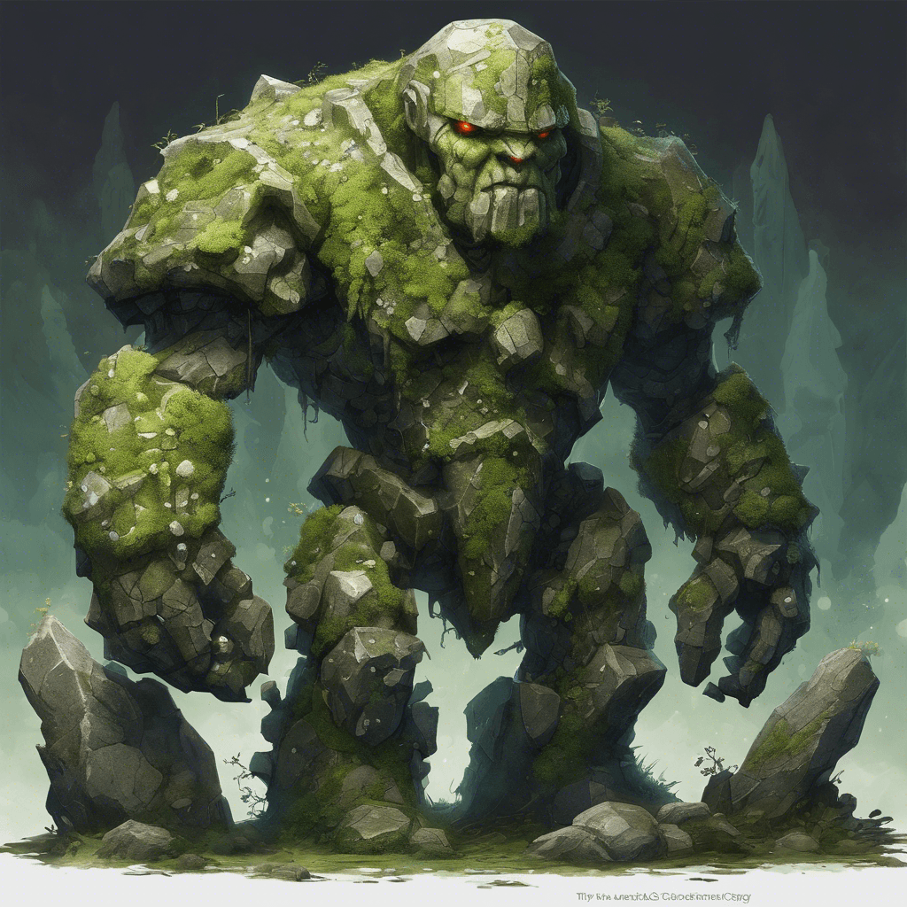 A colossal stone golem stands inert among the statues. It is covered in moss and lichen, with glowing runes inscribed across its rocky carapace. It has large crystal formations on its back which emanate a faint luminescent glow, hands that seem capable of crushing stone, and eyes that flicker with arcane energy.