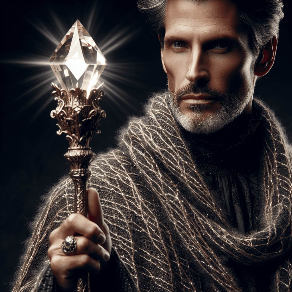 A regal and seasoned magician with sharp features, adorned in a luxurious cloak that shimmers with magical threads. He wields an ornate staff, topped with a glowing crystal that radiates with arcane power.