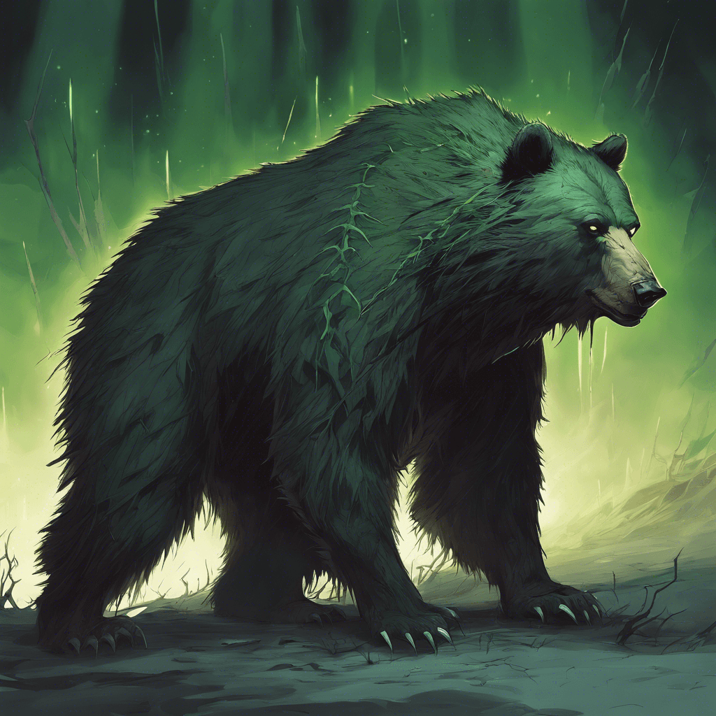 A massive bear with thick, dark fur interspersed with vicious thorns protruding from its back and shoulders. Its eyes glow with a faint green light, hinting at an unnatural origin.