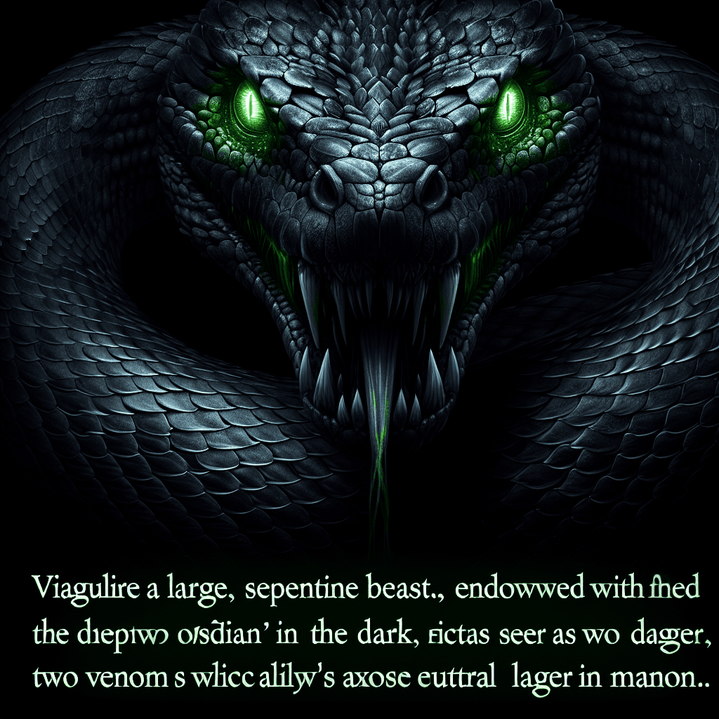 A large, serpentine creature with scales as dark as the midnight sky. Its eyes glint with a petrifying green light and dagger-like fangs drip with venom.