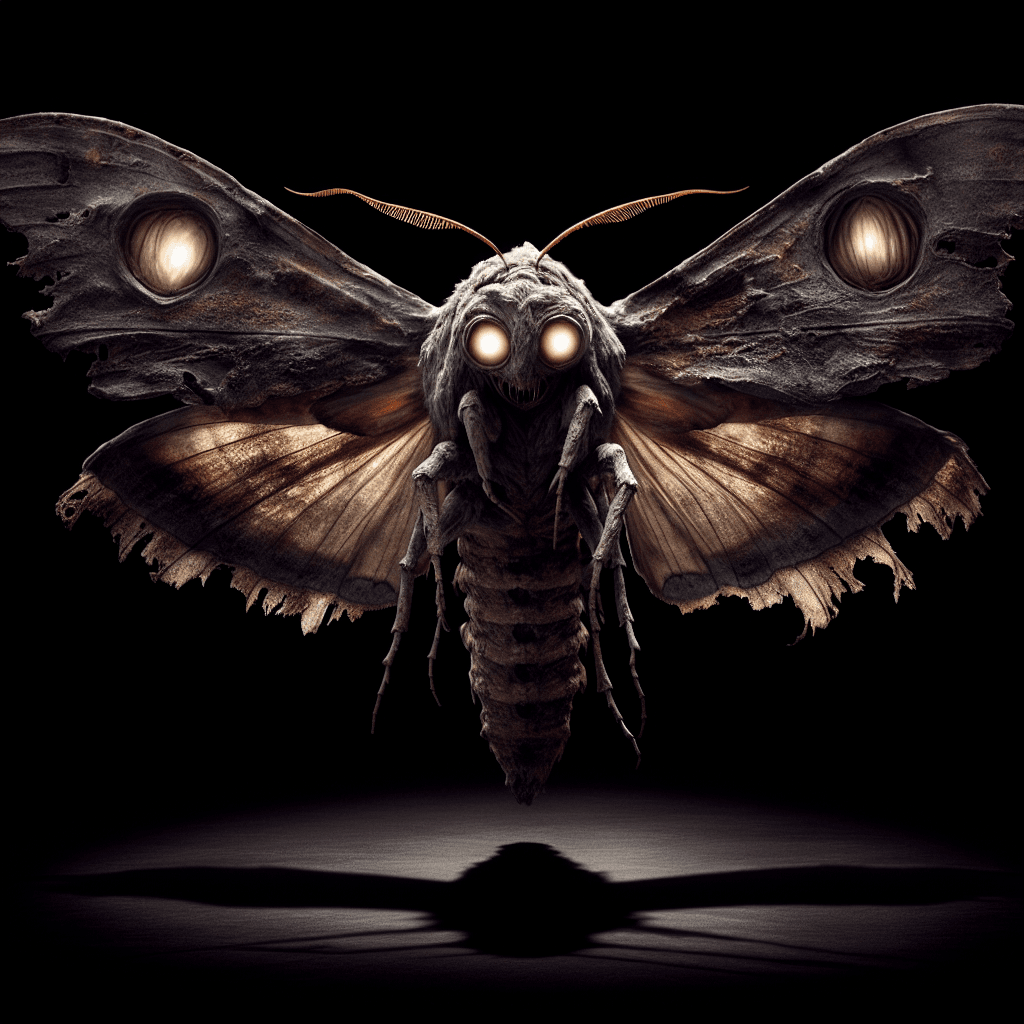 A massive moth with tattered, dusky wings that seem to absorb the dim light, creating an eerie shadow. Its eyes gleam with a ferocious intelligence, and its mandibles click menacingly as it hovers silently in the air.