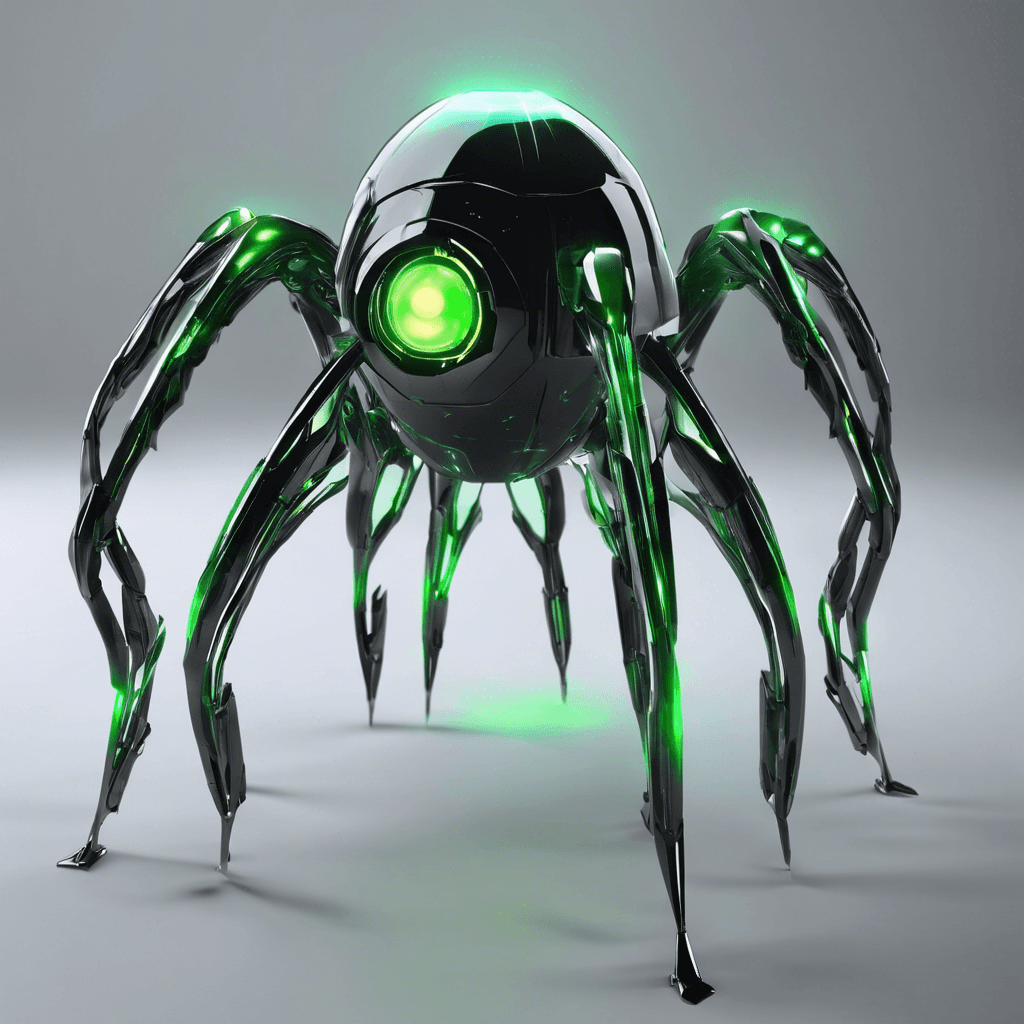 A sleek mechanoid spider-like creature with long, thin appendages and a central core that pulsates with a ominous green glow. It moves with unsettling speed and precision, and its metallic body appears to be constructed of an unknown alien alloy.