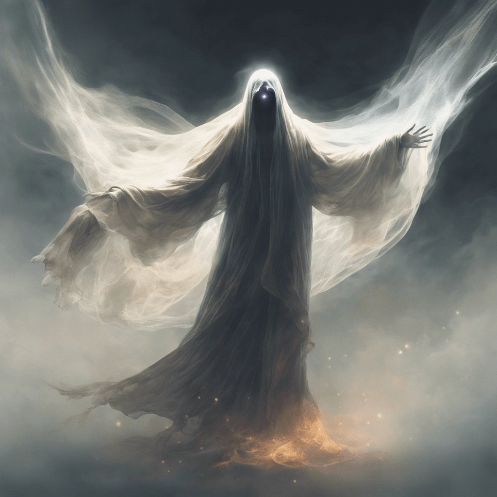 A translucent figure hovering above the ground, its ethereal form shrouded in tattered robes that flutter in a spectral wind. Its eyes are hollow yet burn with a ghostly light, and its hands are outstretched, clawing at the air as if to grasp at life itself.